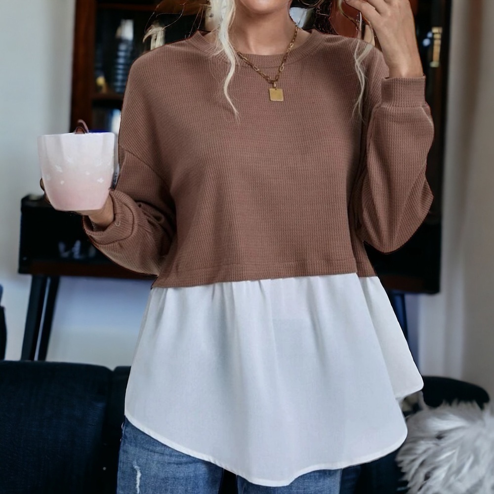 Chic Two Tone Drop Shoulder Waffle Knit Tee - Size L, Long Sleeve, Never Worn